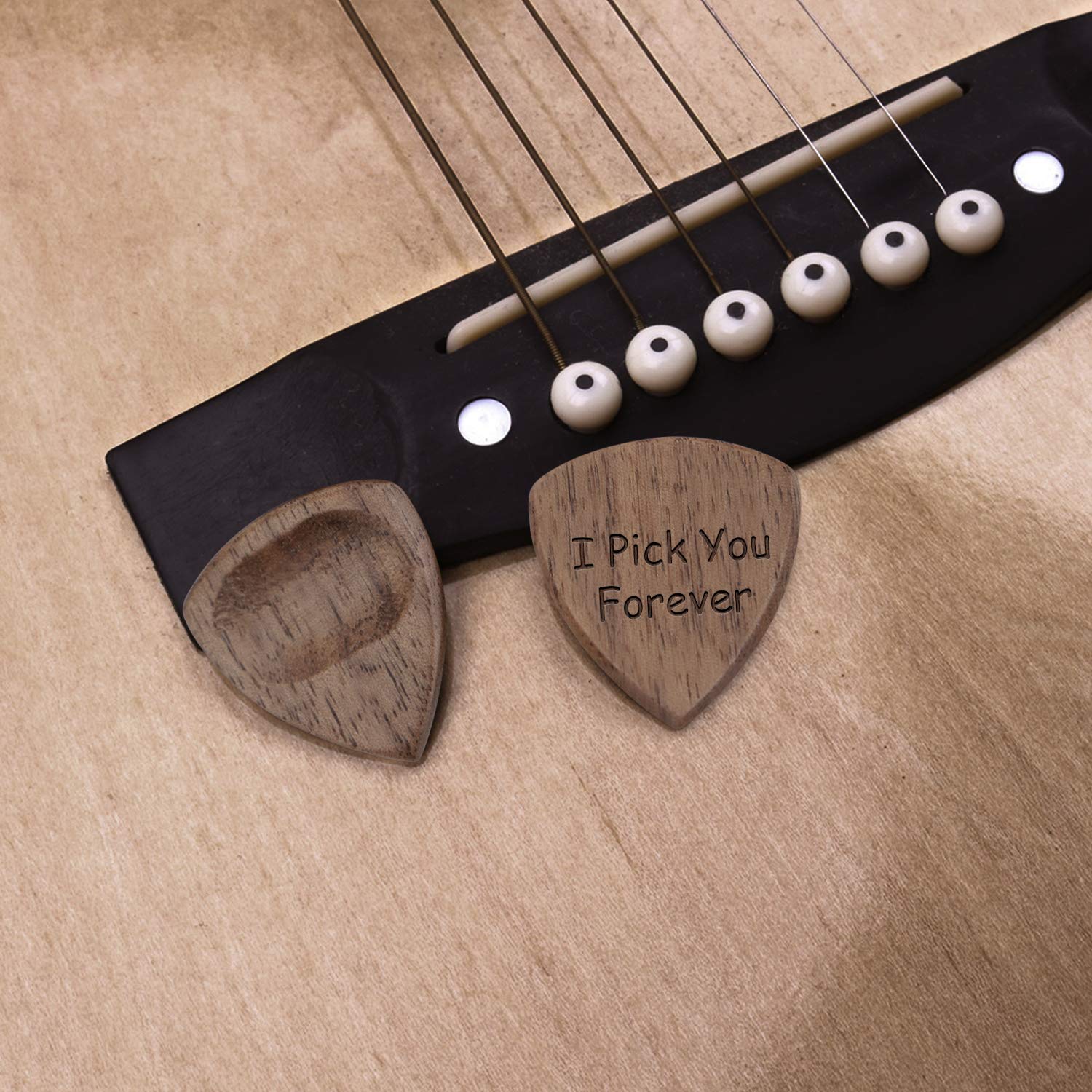 Engraved Personalized Wood Guitar Picks Box, Guitar Shaped Plectrum Container with 3 Pcs Standard Picks (To Son from Mom)